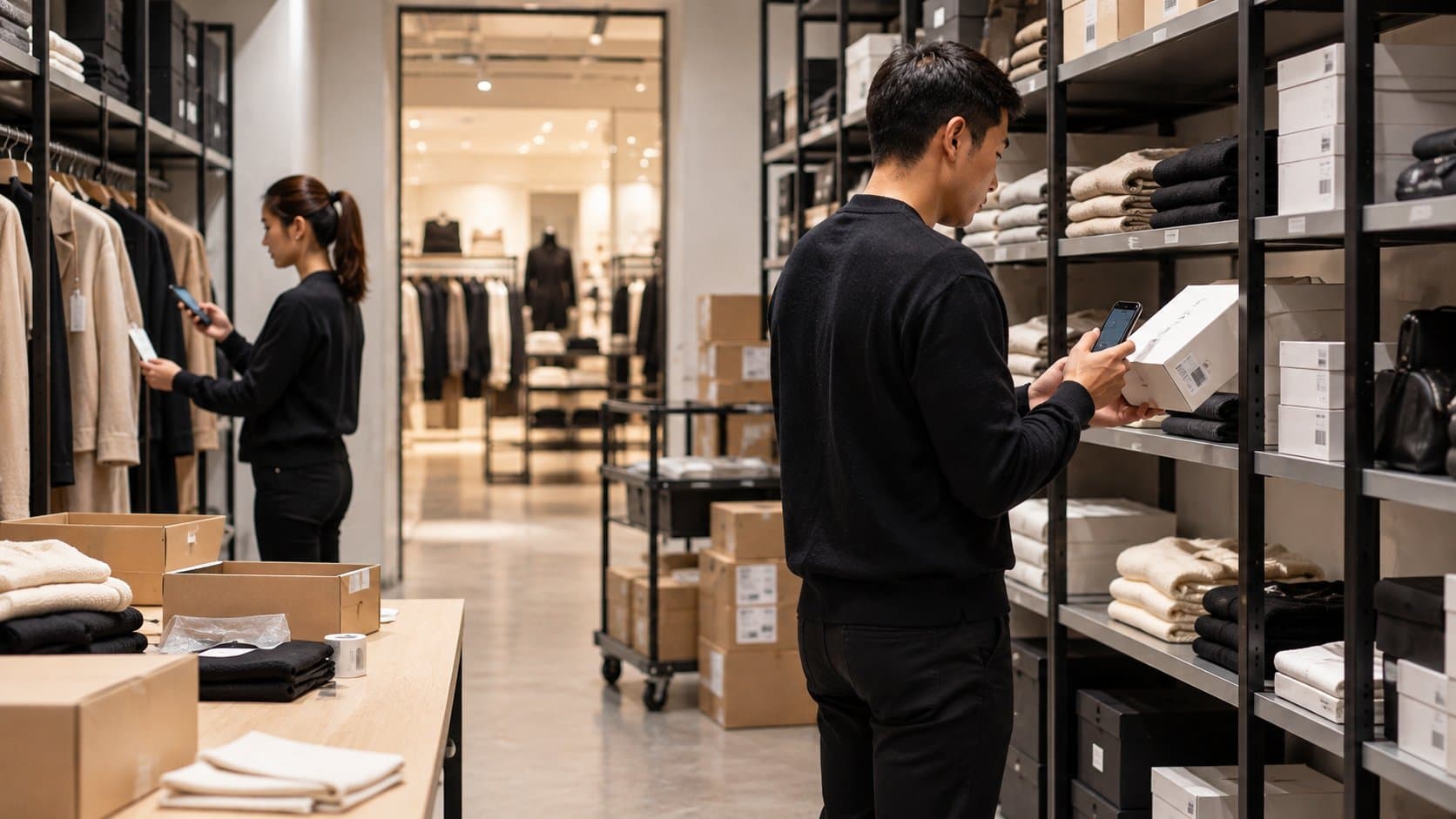 Store associates scan stock on their phones in a boutique stockroom with shelves of folded clothing and boxes